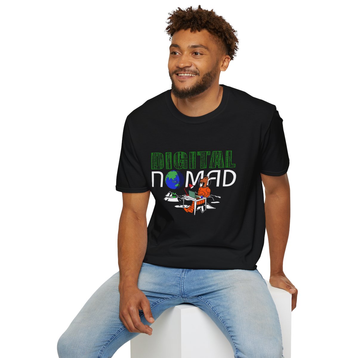 Smiling young man wears a Digital Nomad on the Moon T-shirt in black.