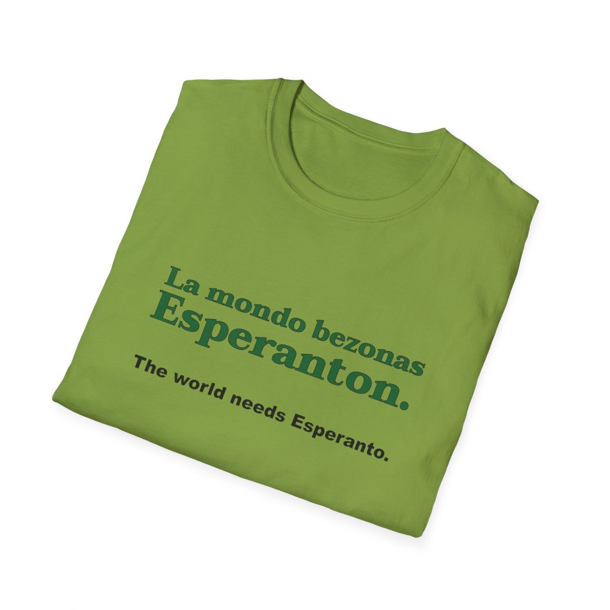 The World Needs Esperanto T-shirt in kiwi green.